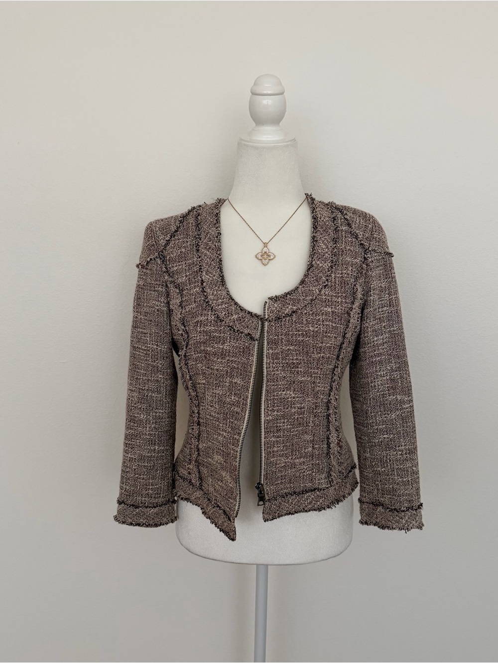 Banana Republic Metallic Tweed Raw Edge Fringe Zip Jacket Size 4